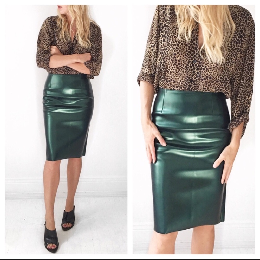 TIBI PVC deep green shiny pencil skirt.